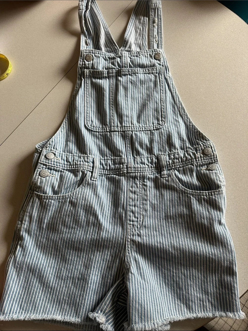 Old Navy Girls’ Blue and White Railroad Striped Raw Hem Short Overalls